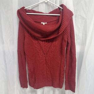 Maroon Red Off Shoulder Slouch Cowl Neck Sweater